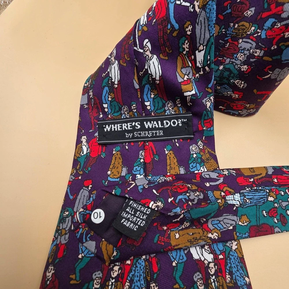 Wheres Waldo by Schreter Mens Silk Necktie Purple Novelty Crowd Print Vintage